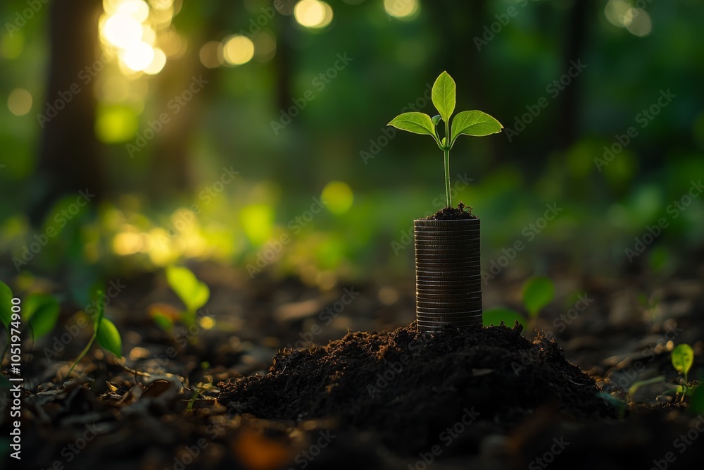 custom made wallpaper toronto digitalSmall green plant growing from a stack of coins in lush forest, symbolizing sustainable investment and environmental growth in finance.
