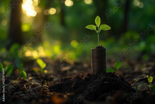 Wallpaper Mural Small green plant growing from a stack of coins in lush forest, symbolizing sustainable investment and environmental growth in finance. Torontodigital.ca
