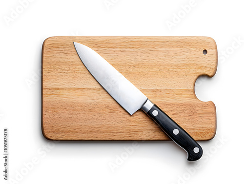 Top view Wooden Cutting board with knife, isolated on white background