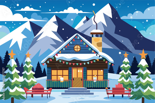 Cozy Ski Lodge Decorated for Christmas with Snowy Mountain Peaks