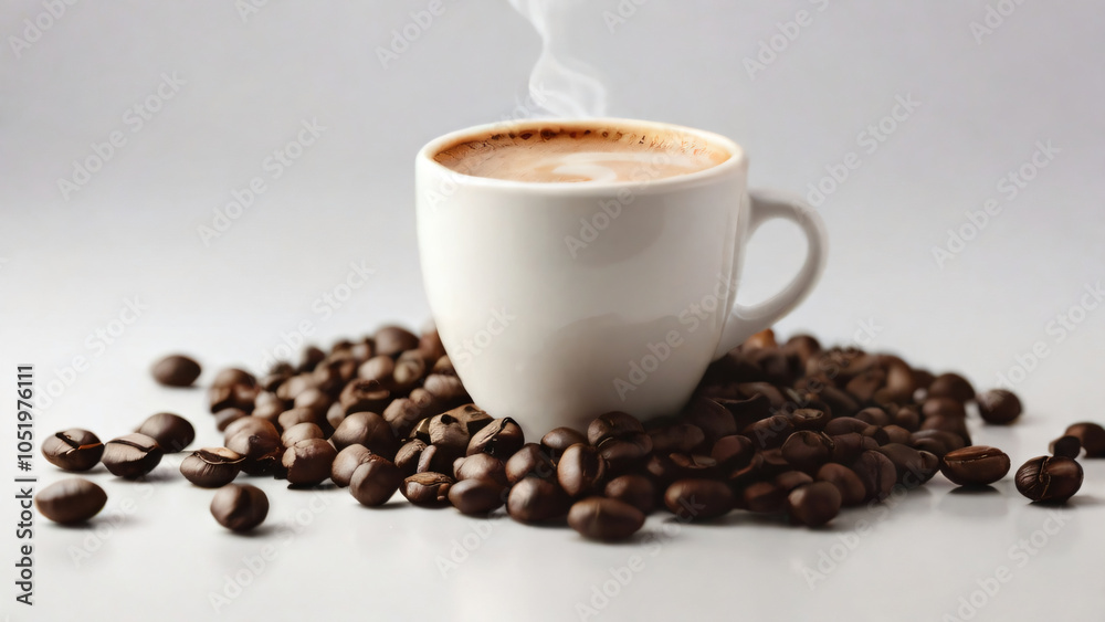 Fototapeta premium A steaming cup of coffee surrounded by scattered coffee beans.