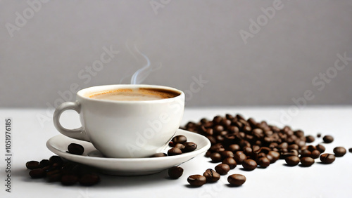 A steaming cup of coffee surrounded by scattered coffee beans.