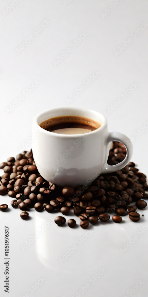 Obraz premium A steaming cup of coffee surrounded by scattered coffee beans.