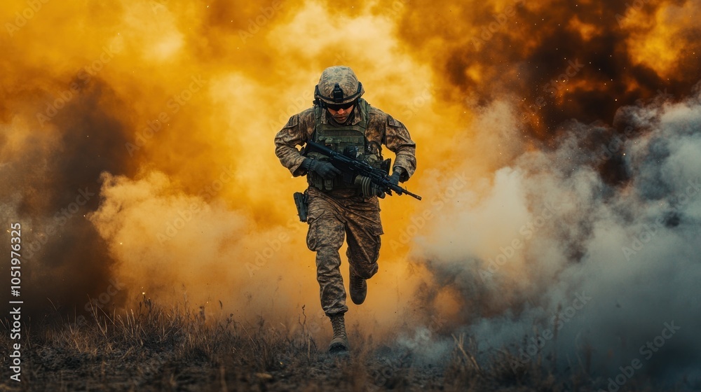 A soldier in camouflage runs through a field of smoke, with a determined expression on his face. A soldier in camouflage runs through a field of smoke, with a determined expression on his face.