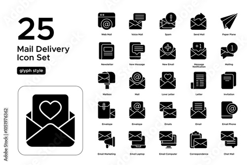 Mail Delivery Glyph Icon Set: Letters, Packages, and Postal Tracking Icons