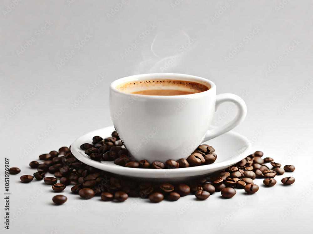 A steaming cup of coffee surrounded by scattered coffee beans. A steaming cup of coffee surrounded by scattered coffee beans.