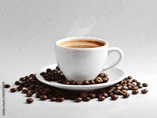 A steaming cup of coffee surrounded by scattered coffee beans.