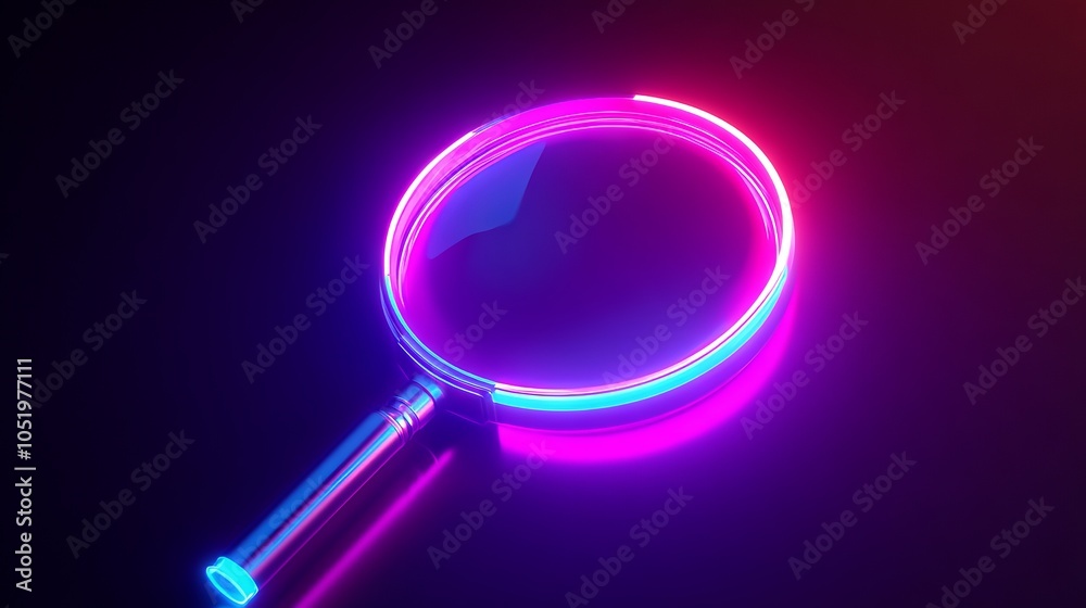 Isometric view of a neon magnifying glass floating against a dark background. AI generated illustration