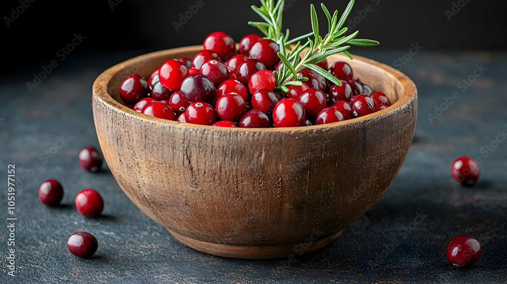 A wooden bowl filled with fresh cranberries and a sprig of rosemary, with scattered cranberries around the bowl on a dark background. A wooden bowl filled with fresh cranberries and a sprig of rosemary, with scattered cranberries around the bowl on a dark background.