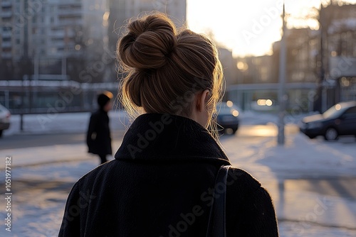 Young attractive girl with red hair in winter season on city background. staged photo shoot in the street. A beautiful young girl in a winter coat in the winter, walking around the city during the