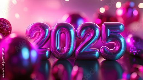 gradient 3D text "2025" against a festive background