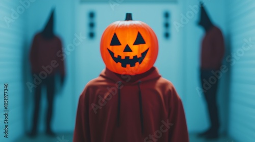 A spooky scene featuring a figure with a pumpkin head, dressed in a red cloak, flanked by eerie shadowy figures in a dimly lit hallway. photo