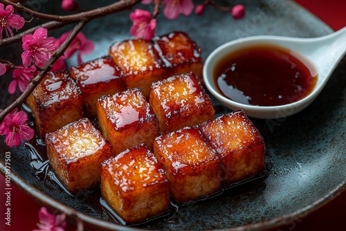 Delicious turnip radish cake in restaurant with soy sauce on red background, Chinese lunar new year food concept, close-up, copy space photo