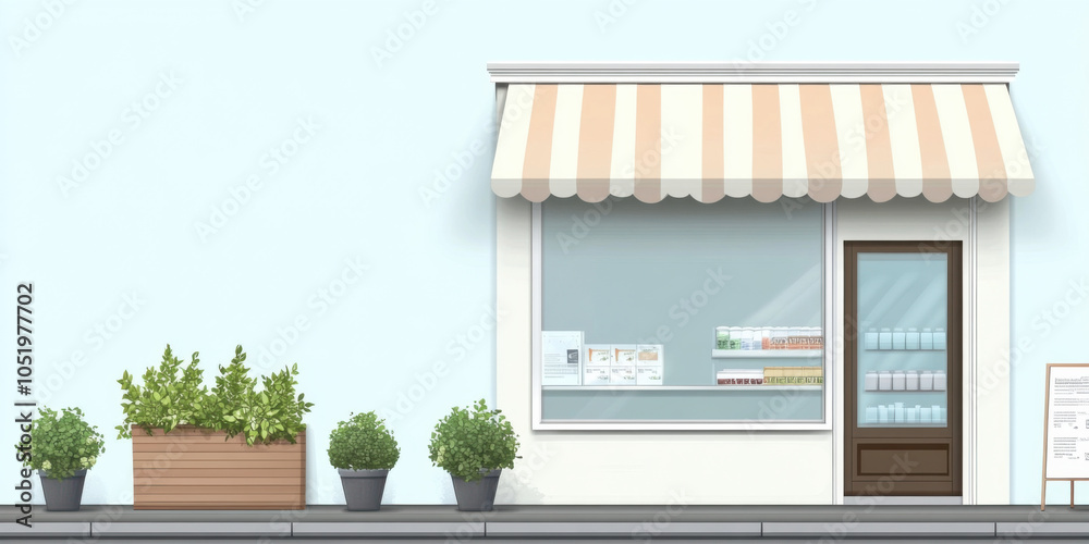 Naklejka premium Charming Minimalist Storefront with Lush Greenery and Modern Design Elements