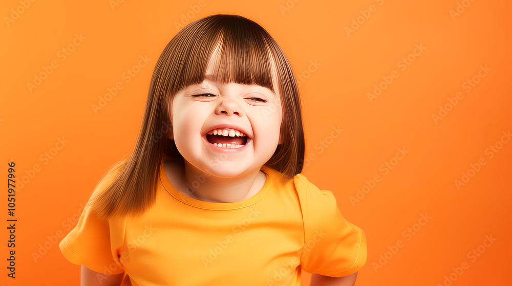 Portrait of smiling laughing girl child with Down syndrome orange background. Portrait of smiling laughing girl child with Down syndrome orange background.
