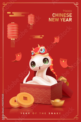 Translation : Chinese New Year 2025 Year of the Snake. Chinese Zodiac Template, Poster Banner Flyer for Chinese New Year Vector Illustration
