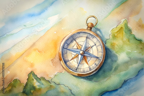 A watercolor painting of a vintage compass resting on a colorful, abstract landscape background.