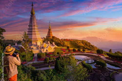 Photography Photographer taking photos at Doi Inthanon national park in winter in sunset of Thailand
