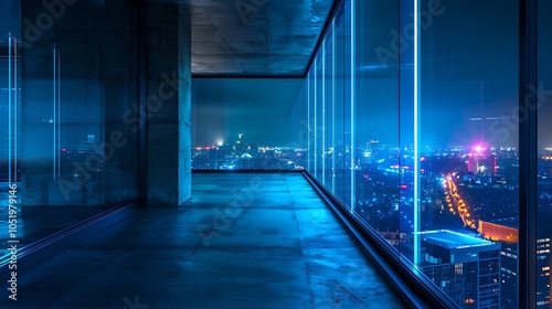 Night cityscape view from window, empty concrete room, neon lights on glass, blue tone, close-up.