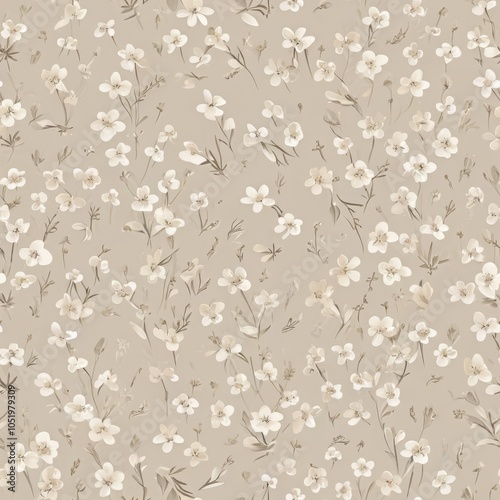 Seamless Delicate Floral Pattern in Soft Cream and Gray-Brown Tones with Small Wildflowers