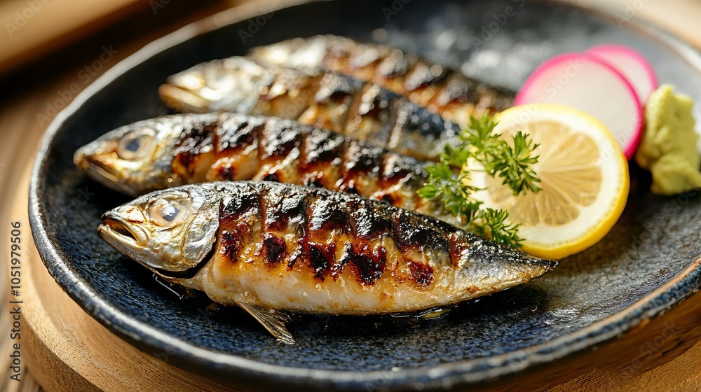Grilled sardine delicacy with radish and lemon. AI generated illustration. Grilled sardine delicacy with radish and lemon. AI generated illustration.