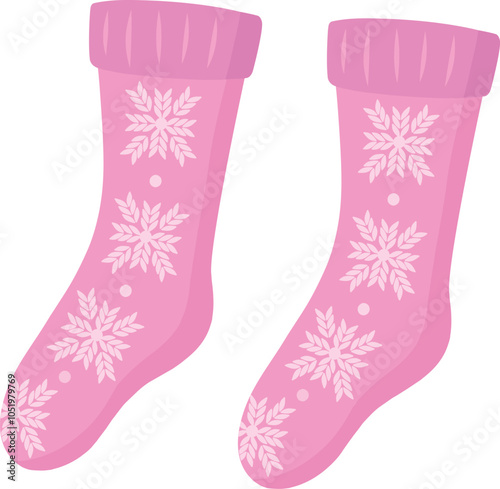 A pair of knitted pink socks with a pattern. Collection of socks, winter illustration. A set of fashionable clothes in an individual style. Vector New Year's illustration.