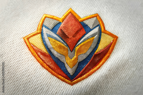 A colorful, stylized emblem featuring a bold mask design, blending shades of red, yellow, blue, and white, showcasing intricate embroidery. photo