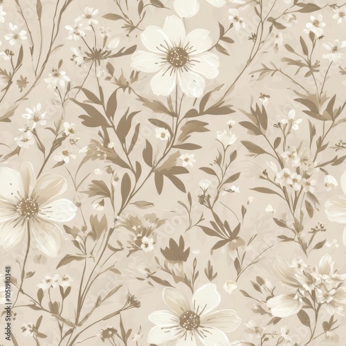 Seamless Delicate Floral Pattern in Soft Cream and Gray-Brown Tones with Small Wildflowers