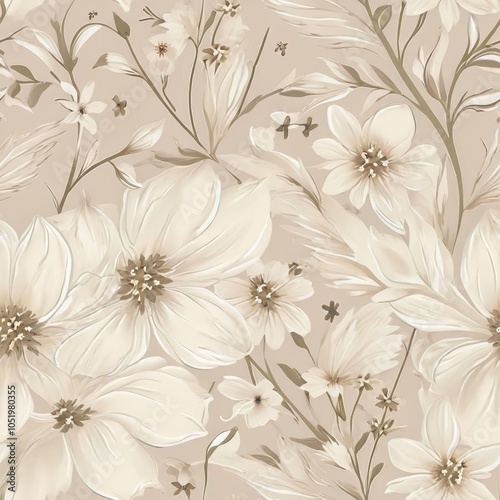 Seamless Delicate Floral Pattern in Soft Cream and Gray-Brown Tones with Small Wildflowers