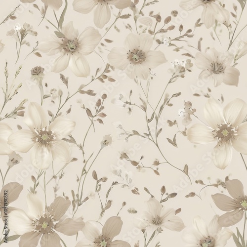 Seamless Delicate Floral Pattern in Soft Cream and Gray-Brown Tones with Small Wildflowers