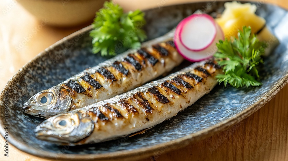 Grilled sardine delicacy with radish and lemon. AI generated illustration. Grilled sardine delicacy with radish and lemon. AI generated illustration.
