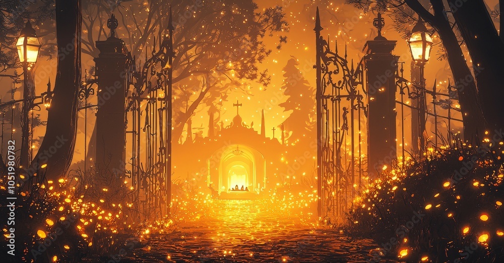 Fototapeta premium Magical glowing gate in an enchanted forest