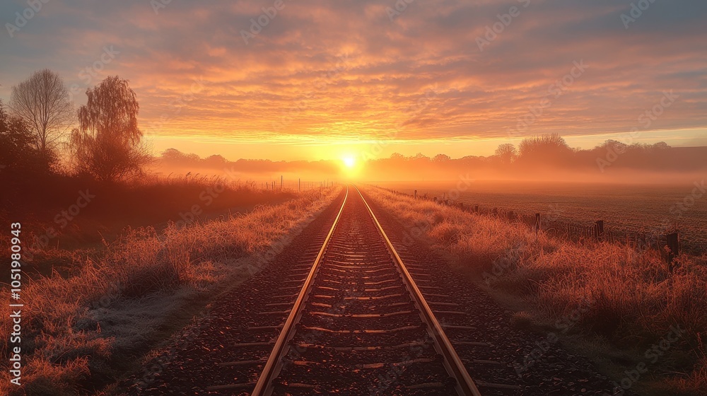 Fototapeta premium Golden sunrise lights up railway tracks stretching across a peaceful morning horizon
