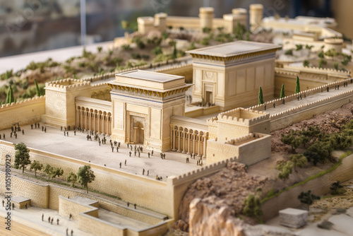 The Temple of Solomon, or Beit HaMikdash, is depicted in Jerusalem, showcasing its central role in ancient Jewish worship
