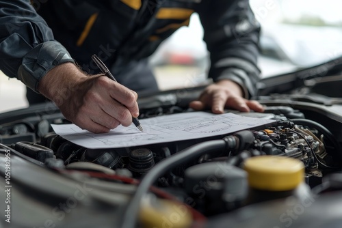 Auto mechanic check list to the clipboard with inspecting car at garage workshop, Car auto services and maintenance check concept.