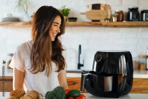 Woman smiling at air fryer in kitchen