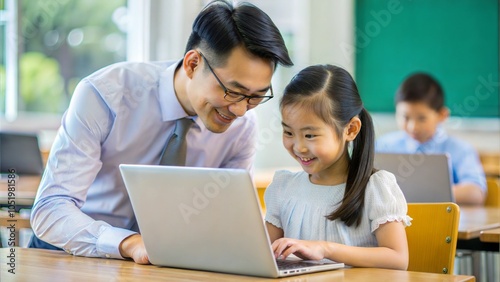 In school, in classroom, asian male teacher is showing laptop to a young biracial female student