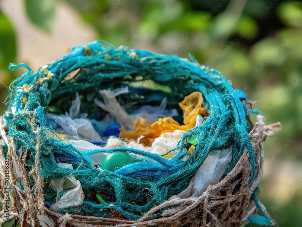 A colorful nest made from discarded plastic materials, emphasizing sustainability and environmental awareness. A colorful nest made from discarded plastic materials, emphasizing sustainability and environmental awareness.