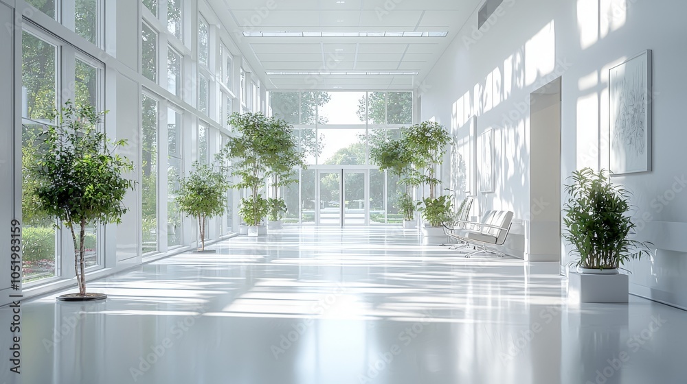 Bright hospital hallway with indoor plants Bright hospital hallway with indoor plants