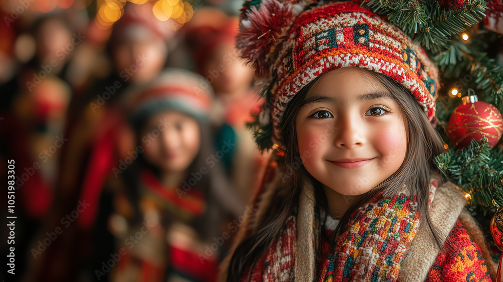 Smiling Child in Festive Winter Attire by Christmas Tree Smiling Child in Festive Winter Attire by Christmas Tree