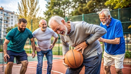 Senior man feeling pain while playing basketball with friends