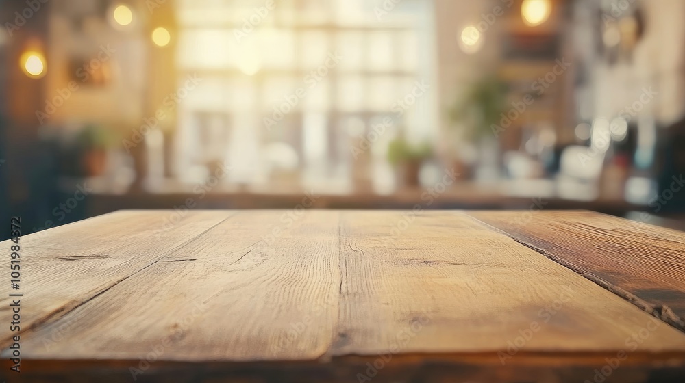 Selective focus.Wood table top on blur kitchen counter background.For montage product display or design key visual layout Selective focus.Wood table top on blur kitchen counter background.For montage product display or design key visual layout