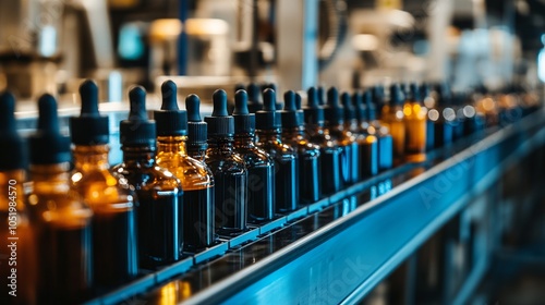 Wallpaper Mural VFTA e-liquid production on a factory floor with various glass bottles on a conveyor belt. AI generated illustration Torontodigital.ca