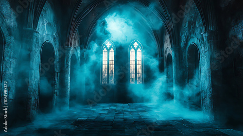 Enchanted Gothic Crypt with Magical Lights and Mist