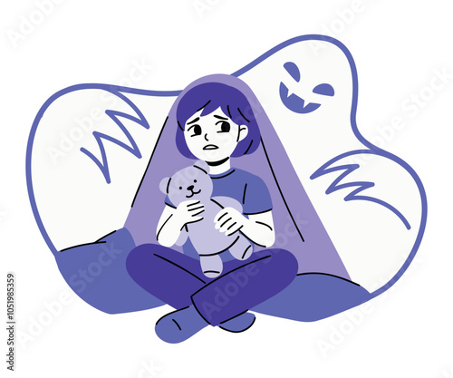 Flat vector illustration of a scared kid hiding under blanket from ghost. Сhildhood nightmare, emotion of fear, bad dreams concept. Minimalist drawing for an article, advertising, or print.