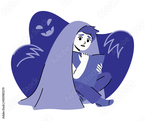 Scared boy hiding under blanket from monster. Flat vector illustration of a kid with bad dream. Childhood nightmares, afraid of the dark concept. Minimalist drawing for advertising, web, article.  