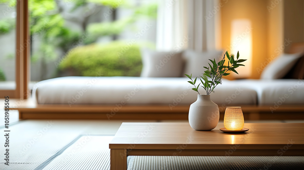 Fototapeta premium Cozy living room with plants, soft light, and minimalist decor.