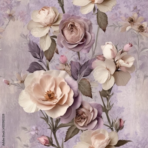 Seamless texture of vintage flowers in lavender, light pink, and beige tones.
