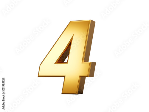 Golden metallic Number 4 Four, White background 3d illustration
