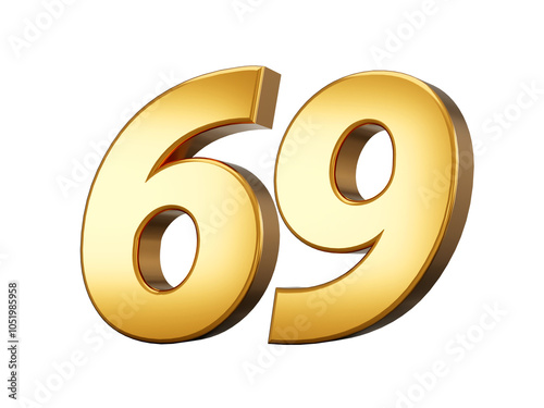 Golden metallic Number 69 Sixty nine, White background 3d illustration
 photo